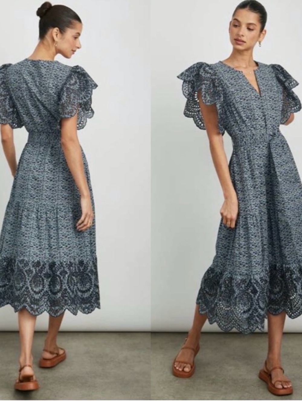 Rails Blue Eyelet Midi Dress with Scalloped Hem Midnight Dahlia flutter dress